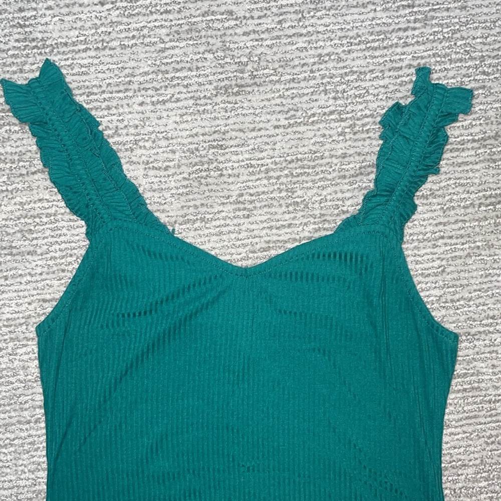 BP. Ruffle Strap Ribbed Bodysuit - Green Alpine (M) - Picture 10 of 11